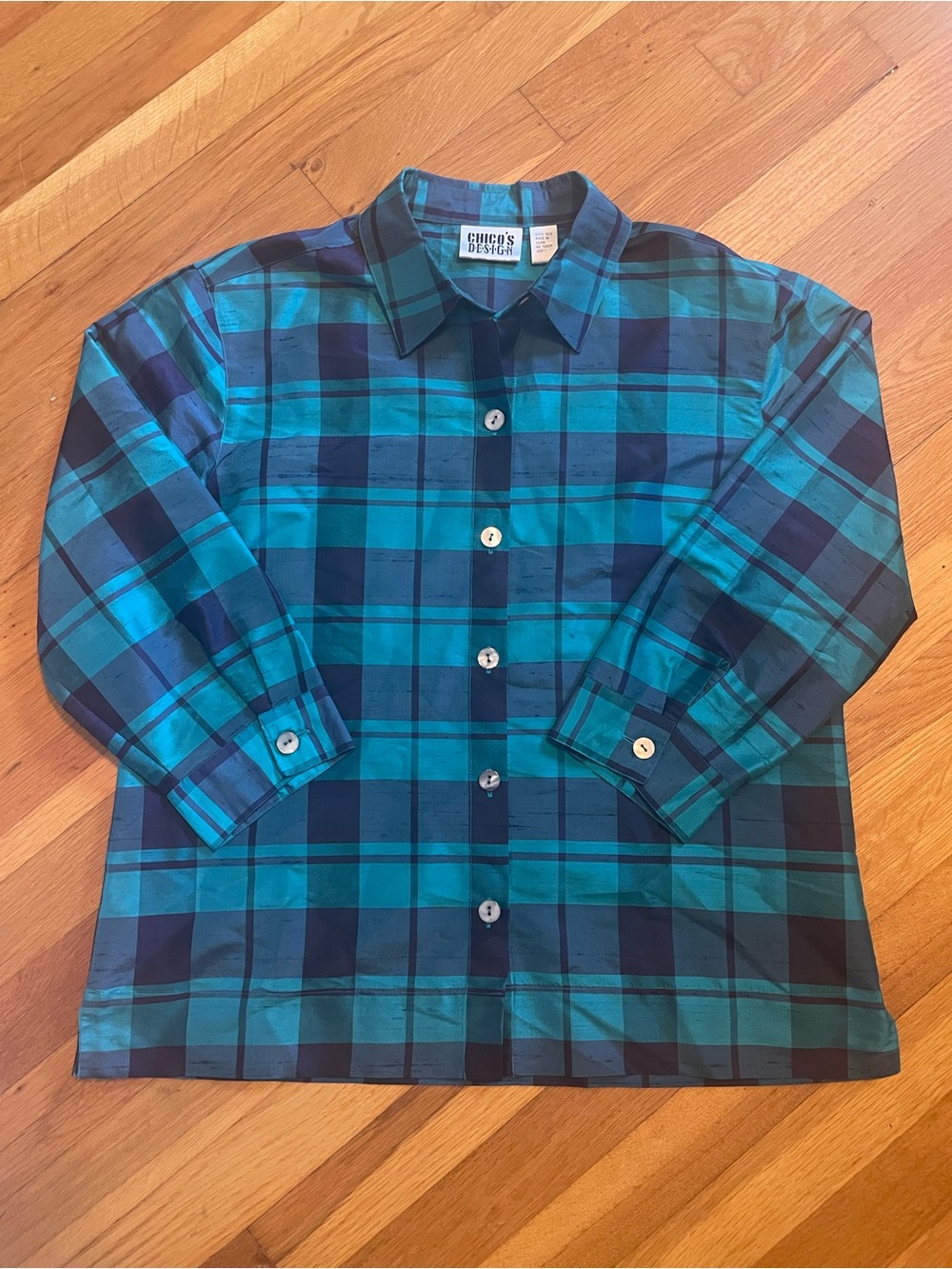 VTG Chico's Silk Blue & Teal Plaid Button-Down Shirt